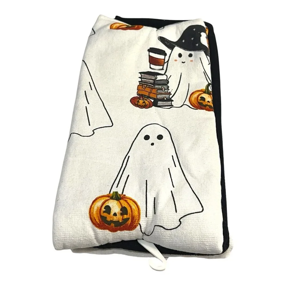 Mireille Halloween Kitchen Towels (3) Handmade Cotton Ghosts w Books & Pumpkins
